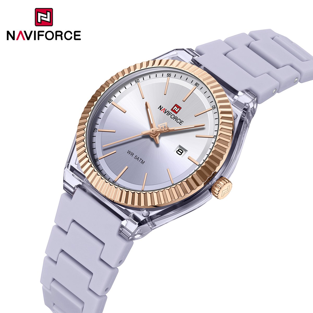 NAVIFORCE horloge met paarse siliconen polsband, paarse wijzerplaat en gouden horlogekast voor dames met stijl ( model 6117 RGPE )
