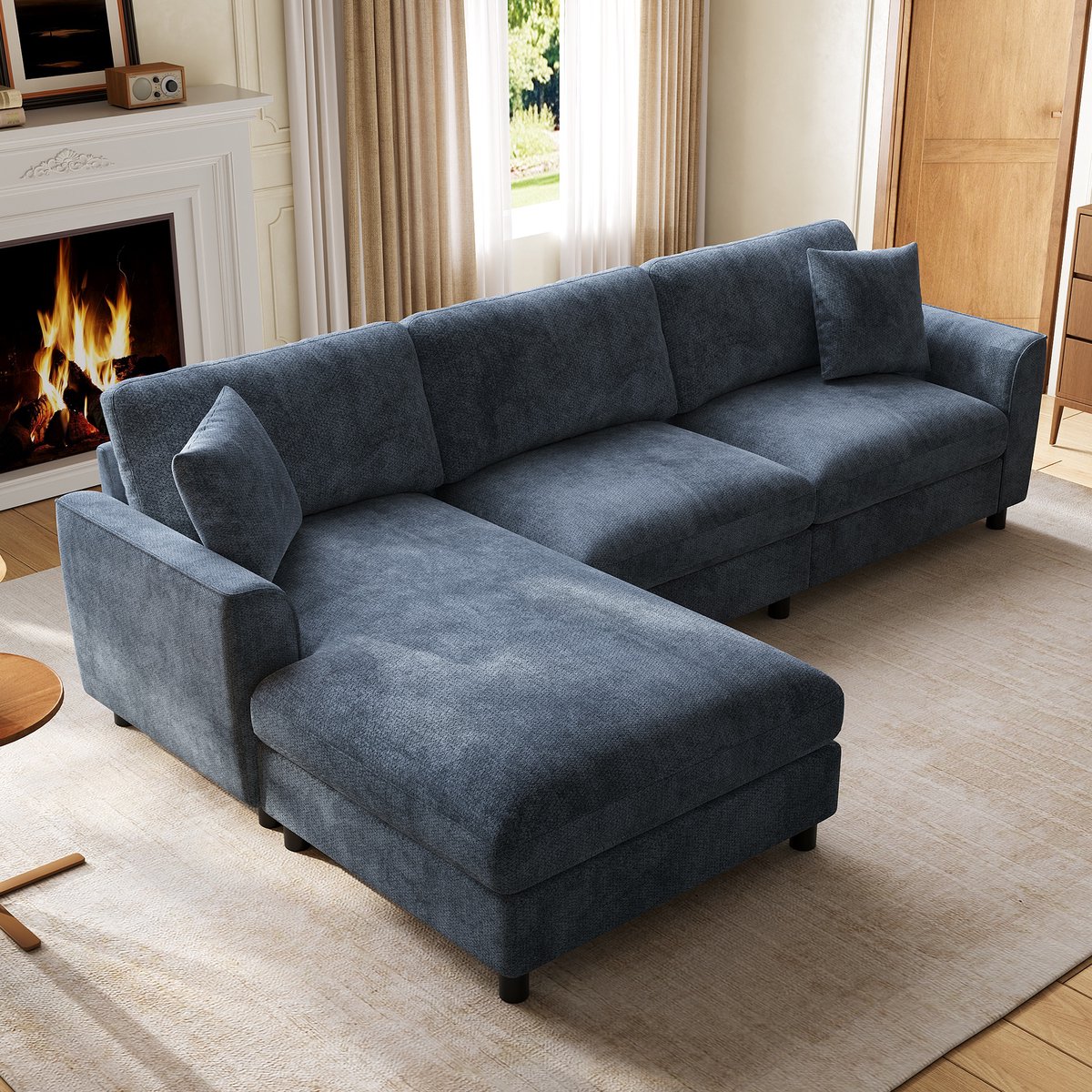 MIVRAY Hoekbank 3 Zits 256 x 137 x 79 cm - Omkeerbare Chaise Longue Met 90 cm Ligvlak - Voor Woonkamer - Chenille - Blauw