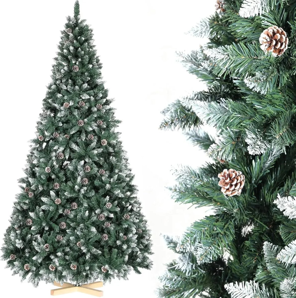 ITRONIQ Kunstkerstboom 210 cm - Besneeuwde Kerstboom Met Dennenappels - Luxe Volle XXL Kunstboom - Houten Voet - Groen Wit