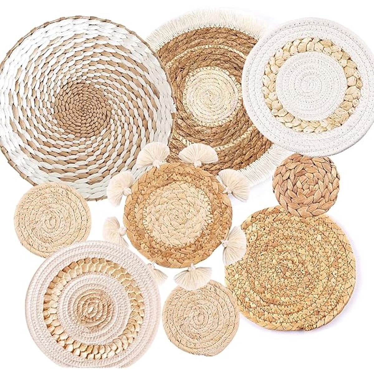 longziming - Set van 9 Boho Wandmanden - Gevlochten Wanddecoratie van Zeegras en Rotan - Ronde Wanddecoratie - Duurzame Woondecoratie voor Woonkamer, Slaapkamer, Keuken en Landelijke Stijl