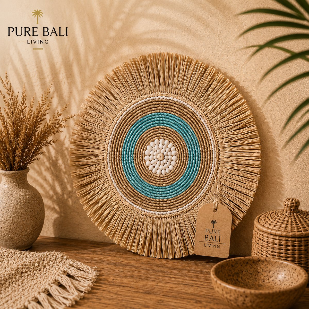 Wanddecoratie Bali – Turquoise Cirkels – Handgemaakt wandbord 45 cm – Pure Bali Living