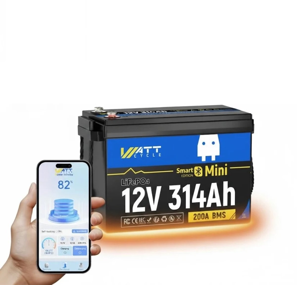 12V 314Ah mini LiFePO4-accu met Bluetooth & zelfopwarming | 200A BMS | 4019Wh, 2560W | 45% kleiner dan loodzuur | IP65 | 15.000 cycli | Ideaal voor camper, boot & zonne-energie