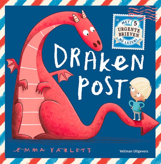 Een rode draak en een jongen op een pijl, met de titel "DRAKEN POST" en een postzegel met "MET 5 URGENTE BRIEVEN NÚ LEZEN!"