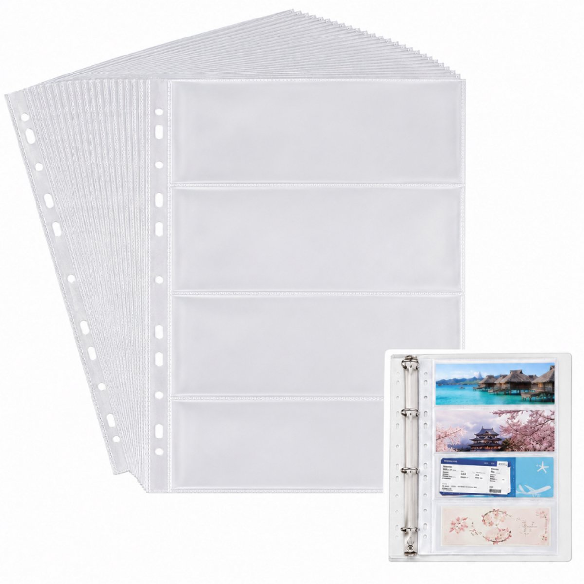 Fotohoezen - A4 TransparantFotobladen - TweeVak -Foto Insteekhoesjes -50 Stuks - voor 2/3/4 ringbanden - Zakformaat 21.5 x 7.6 cm