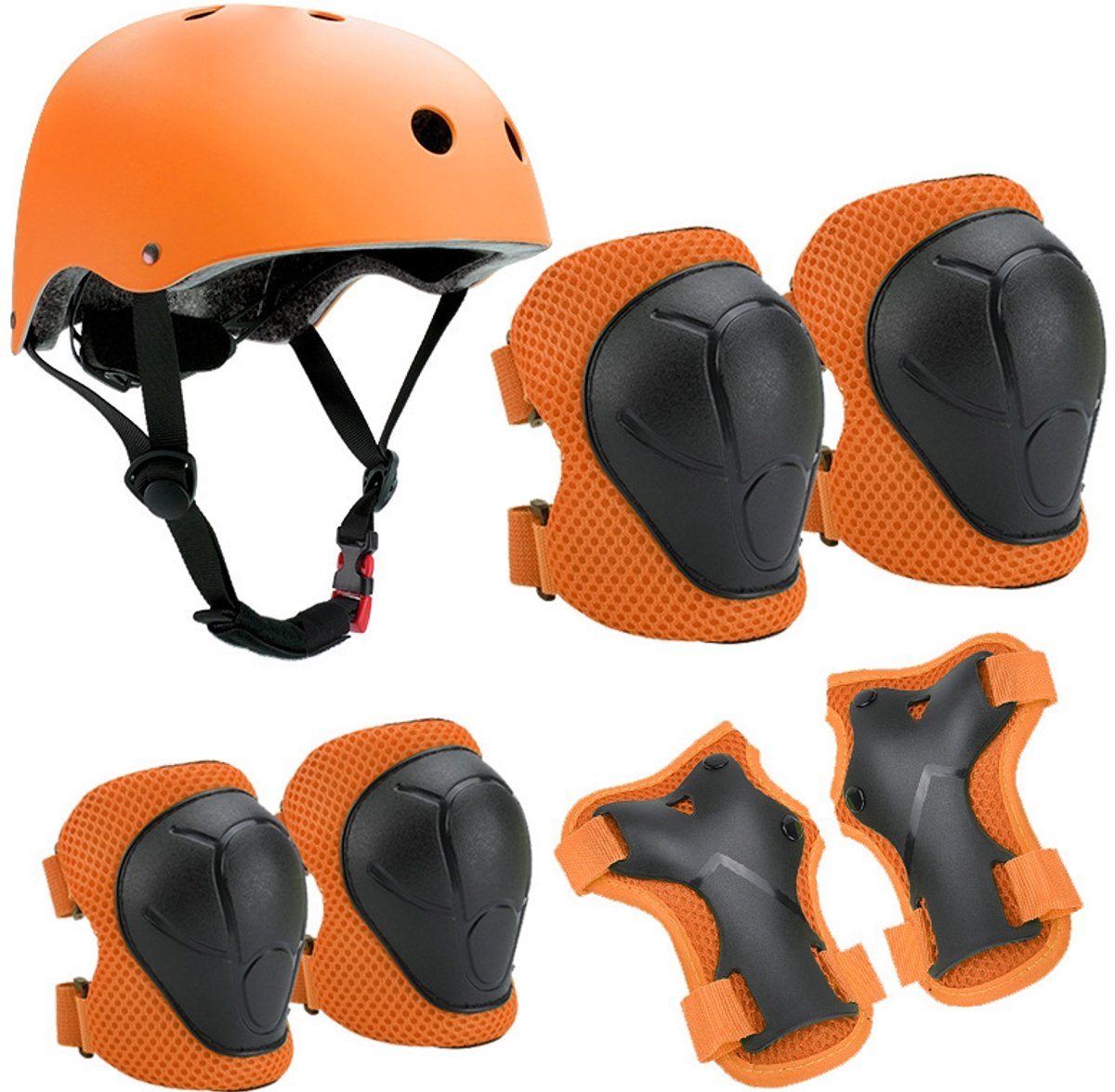 Kinderfietshelm & Beschermset — Veiligheidskit voor step en fiets — Inclusief helm, elleboogbeschermers en polsbeschermers — Ontworpen voor kinderen van 3 tot 8 jaar — Geschikt voor fietsen, skateboarden en skeeleren — Oranje kleur