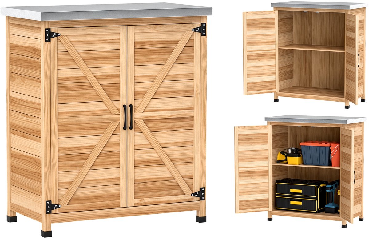 Tuinkast met oppottafel - houten gereedschapsschuur met gegalvaniseerd werkblad - 2 planken - dubbele deuren - 79 x 43 x 92 cm