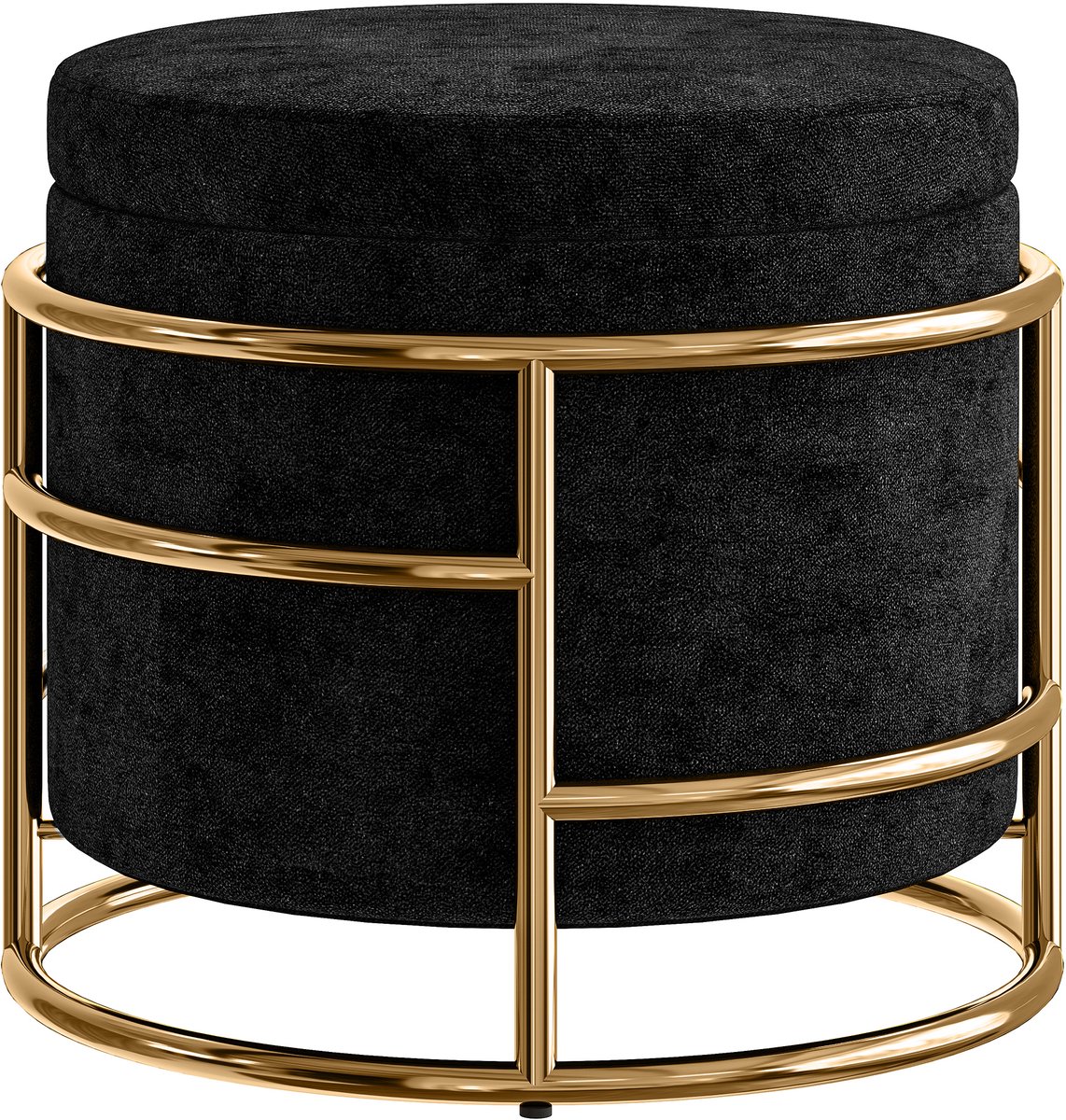 Zwarte Opbergkruk 42 x 42 x 39 cm, Voetenbank met Opbergruimte, Zithocker, Opbergpoef, Gestoffeerde Kruk met Gouden Metalen Frame, Ottomane, Voetensteun, Zitbankje, voor Woonkamer en Slaapkamer, 24 L Opbergruimte, Tot 120 kg