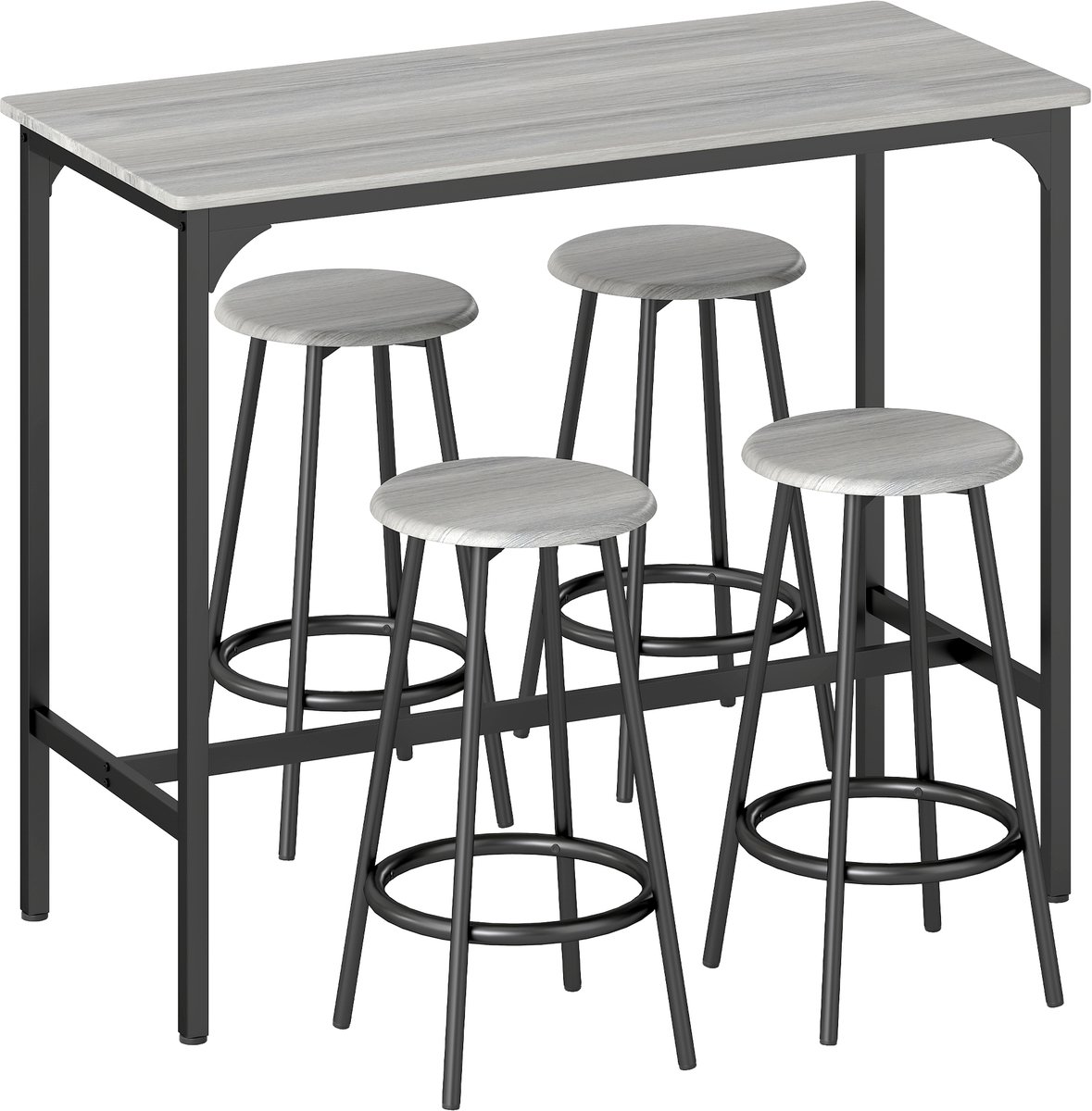 5-delige Bartafelset 110 x 50 x 89,5 cm, Grijs, Bartafel met 4 Barkrukken, Barset, Keukentafelset, Bistroset, Eetgroep, Industri毛le Stijl, Houtlook, Compact en Ruimtebesparend, Voor Keuken, Eetkamer en Thuisbar