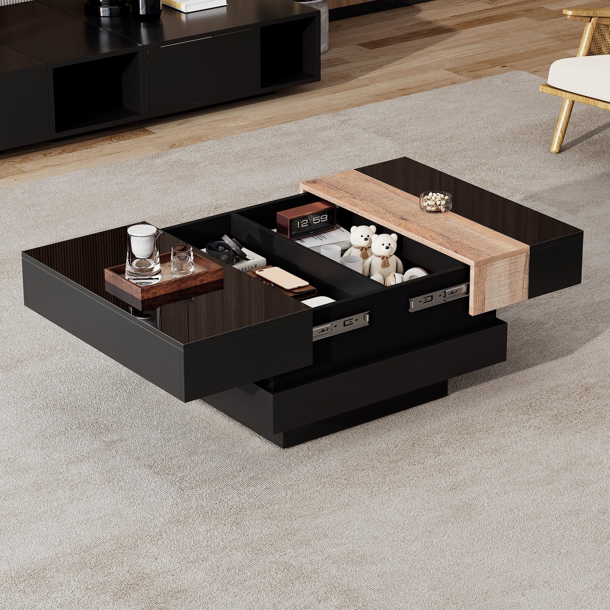 KOMHTOM - Salontafel - 70 x 70 x 39 cm, Uitschuifbaar & Verborgen opbergruimte - Kleurblokontwerp, Hoogglans MDF - Zwarte theetafel voor woonkamer