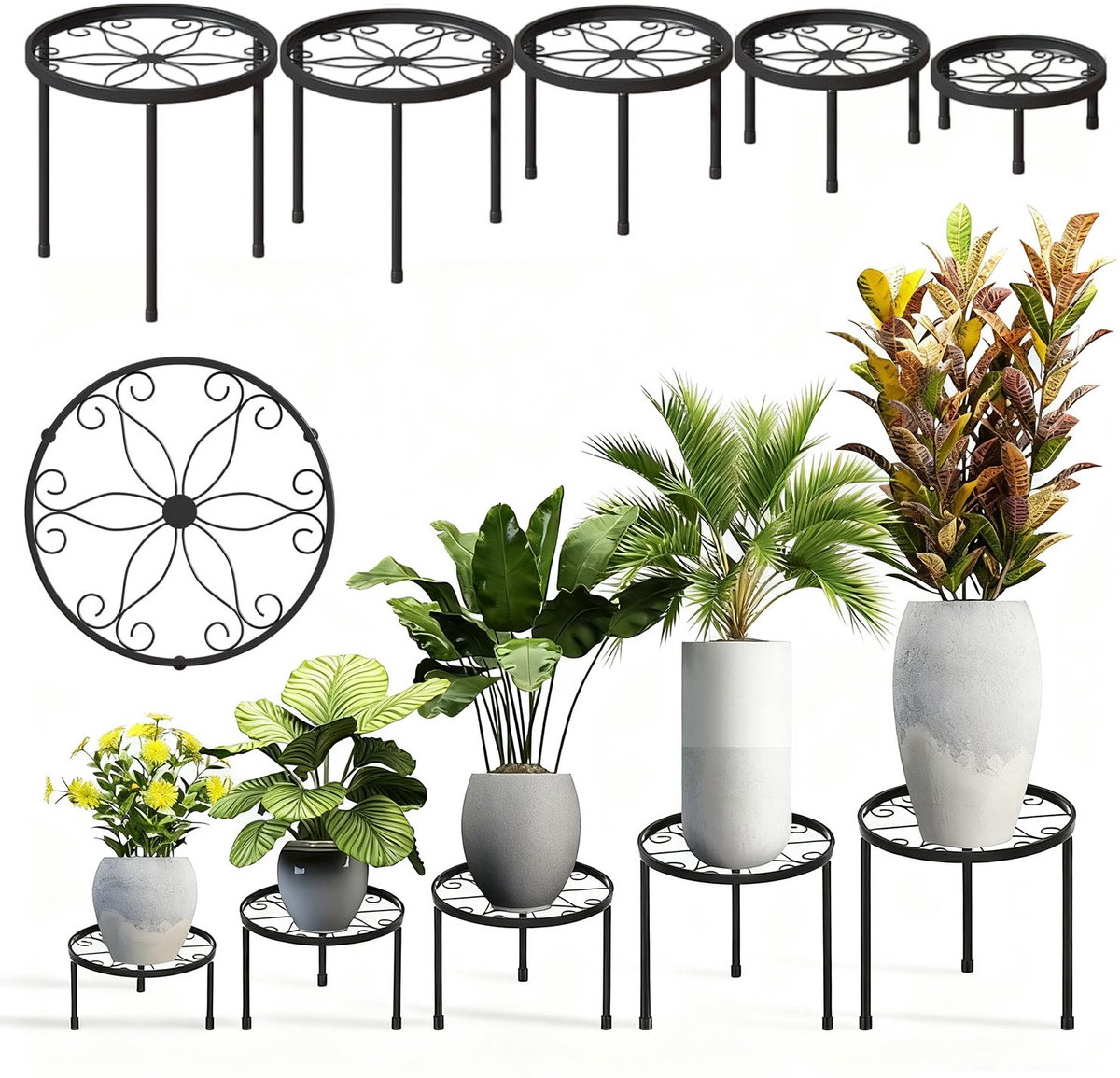 Plantenstandaard set van 5 - Metalen houders in 5 maten met opstaande rand - Zwart - Voor bloempotten binnen en buiten, balkon, terras en tuin
