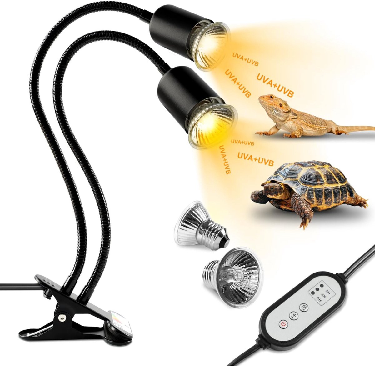 QUOVO® Warmtelamp Reptielen - Broedlamp met Dimfunctie - met Afstandsbediening - Hot Spot UV Lamp - Twee Lampen - Keramische warmtelamp - Zwart - 11cm x 35cm x 2cm