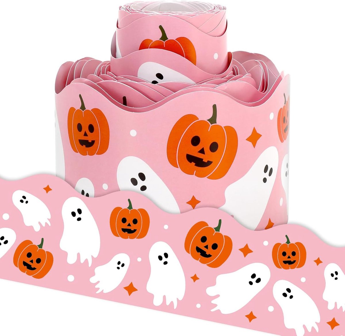 10 meter rol Halloween prikbordrandstickers - 7 cm breed - Roze, oranje en witte uitgesneden rand - Versierd met spook- en pompoenpatronen - Geschikt voor klaslokaal of schoolborddecoratie