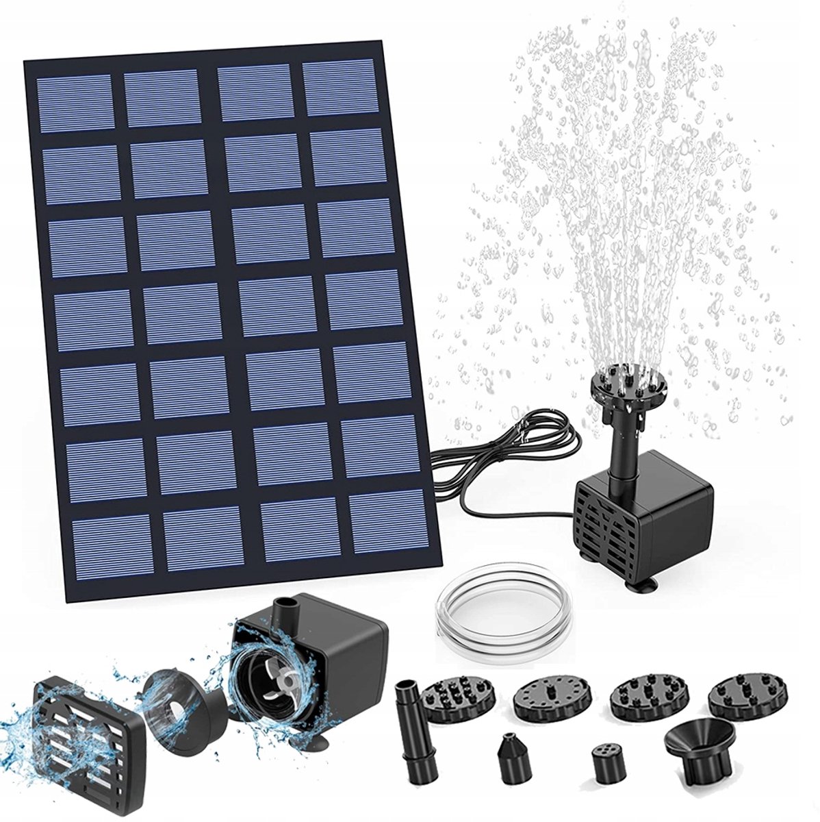 Solar Fontein op Zonne-energie - Drijvende Vijverpomp - Zonnefontein Pomp & Zonnepanelen – Waterfontein - 190 l/u - met 3 Meter Kabel en 8 Sproeiers – Outdoor Zonne Waterpomp - Voor vogelbaden & Vijvers & Tuinen