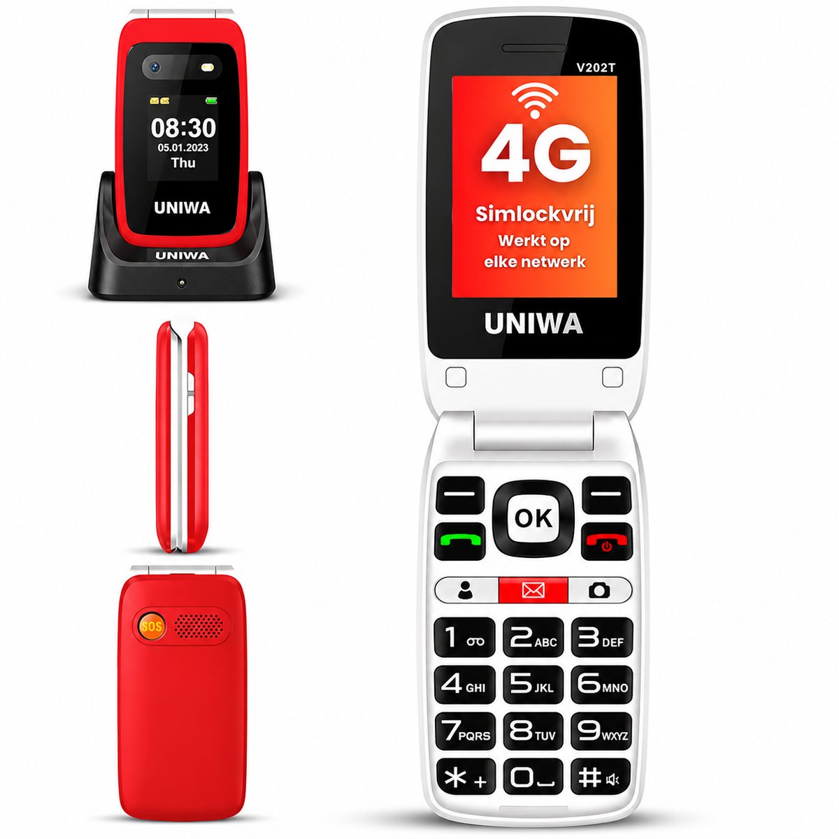 Uniwa V202T Senioren Telefoon 4G - Klaptelefoon - Grote Toetsen - SOS Noodknop - GSM Dumbphone - Rood