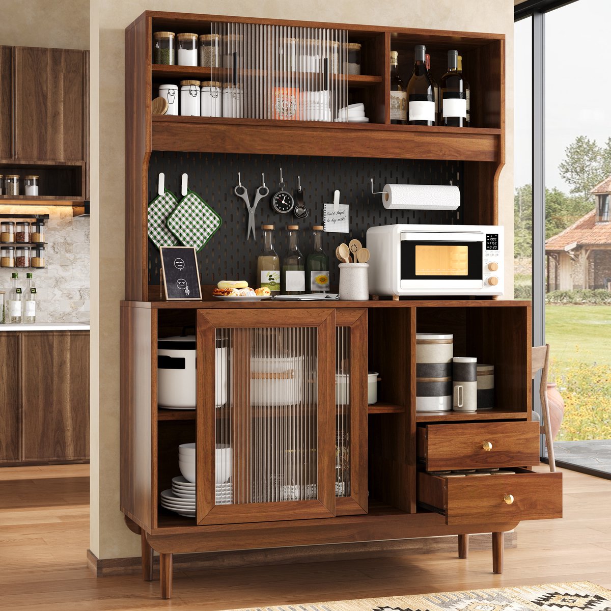 OKWISH Keukenkast - Riffelglas Schuifdeuren - Open Vakken En 2 Laden - Walnoot - Voor Keuken Eetkamer En Woonkamer - 117 X 30 X 170 Cm Walnut
