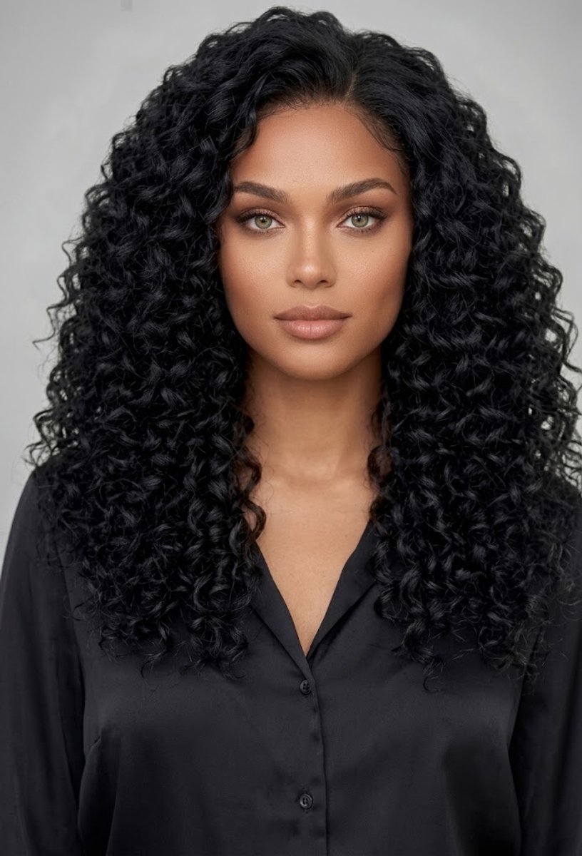 Nifkos - Luxe Zwarte Pruik Krullen - Wig - Pruiken Dames Lang Haar - Haarstuk - Krul Haar - Zwart - 65 cm