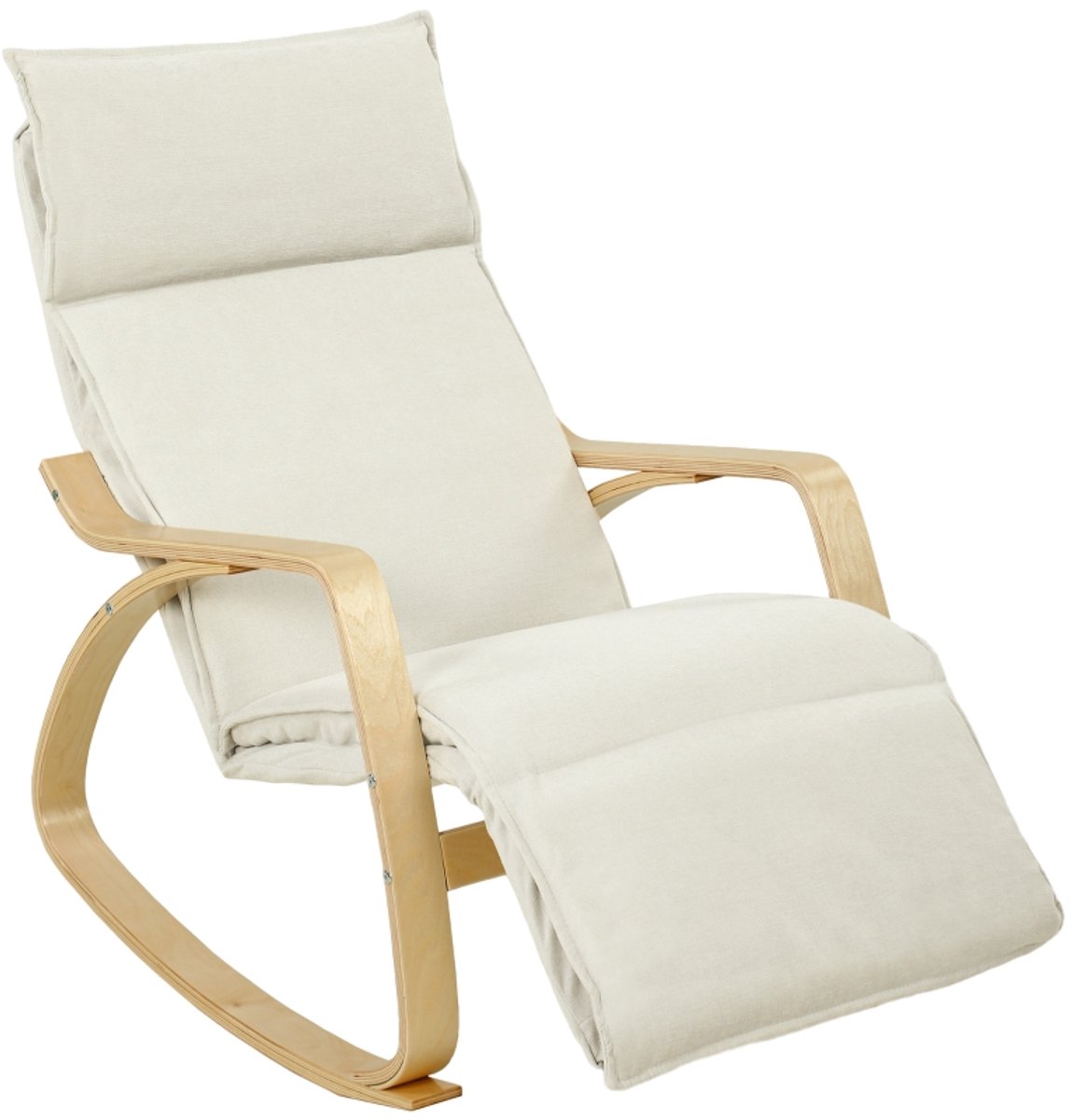 MIVRAY Schommelstoel Fauteuil 67 X 106 X 92 Cm Met 5 Standen Verstelbare Voetsteun En 105 Graden Schommelfunctie Voor Woonkamer Stof Crèmewit