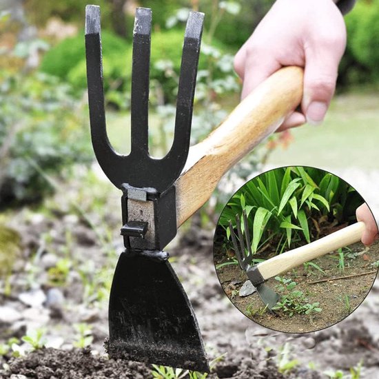 Tuinschoffel- tuingereedschap: schoffel en hark- handschoffel met houten steel voor het losmaken van de grond en het wieden van onkruid (2-in-1). van Tuinschoffel. — afbeelding 4