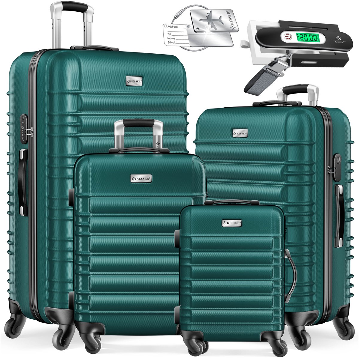 KESSER® 4x Koffer, reiskofferset, trolley koffer, incl. bagageweegschaal + bagagelabel rollend kofferslot, 4 wielen ABS, harde schaal telescoopgreep S-M-L-XL