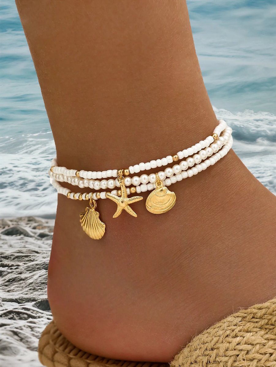 Jomide Enkelbandjes Bohemian - Beach Shell - Goudkleurig/Crème - 3 delig