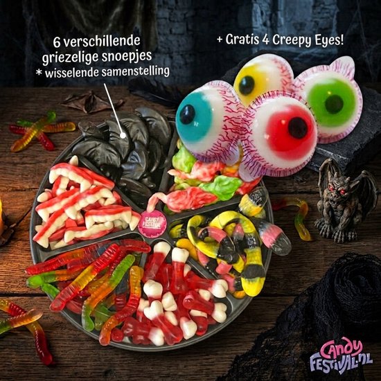 Halloween snoepplatter met 6 griezelige snoepjes: oogvormige snoepjes, slangen, vleermuizen, vingers, tanden en wormen. Inclusief 4 gratis Creepy Eyes.