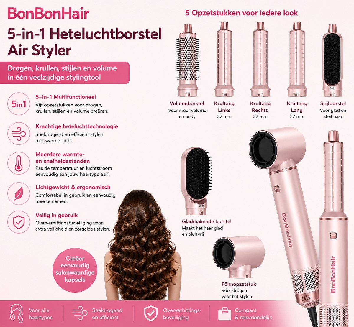 bonbonhair Haardrogerborstel, 5-in-1 heteluchtborstel, föhn en styler met afneembare opzetstukken (krultang, volumeborstel, stijltang, krulspeld), lichtgewicht reisföhns voor vrouwen, compact formaat