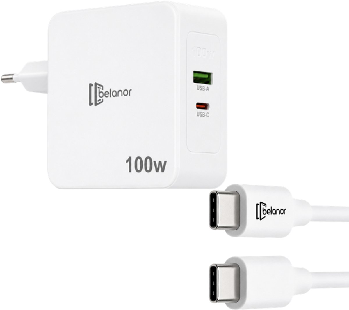 Belanor 100W GaN Snellader + 1M USB-C naar USB-C Kabel – USB-C Power Delivery (PD) & Quick Charge 3.0 – USB-A & USB-C Oplader