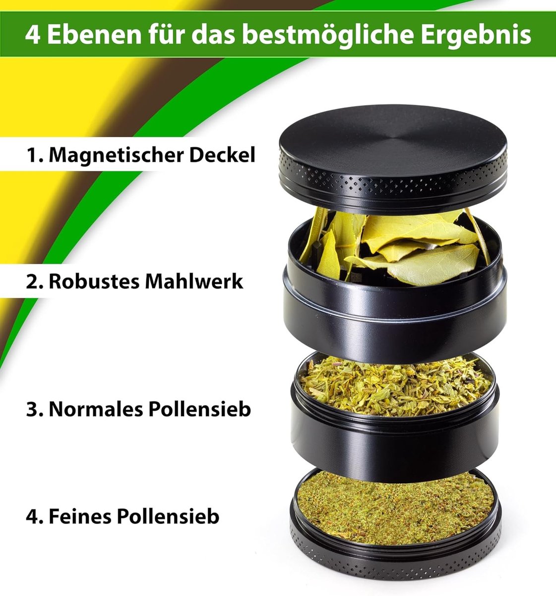 Grinder - Zwart - 5 x 5 x 3,6 cm - 4-delige Metaalset voor Kruidenslijpen