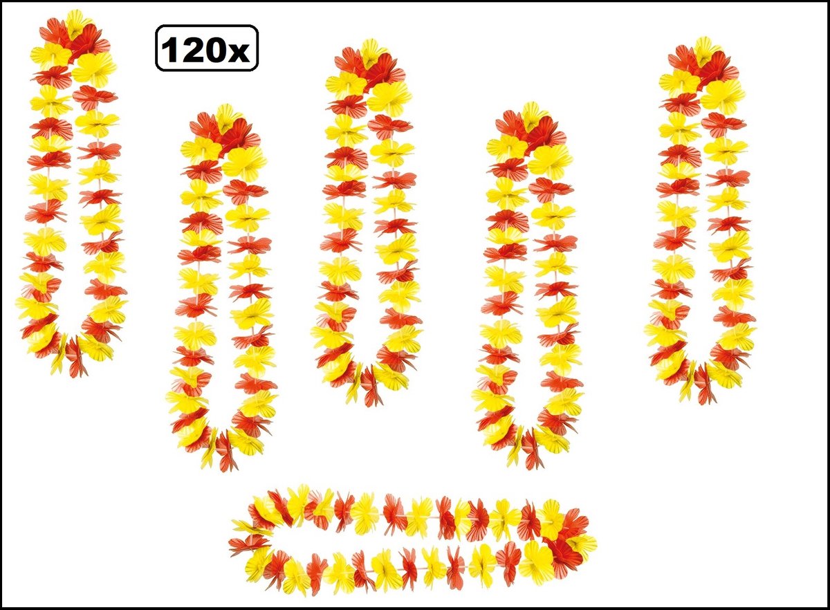 120x Hawai slinger rood/geel - bloemenkrans - Tropical beach thema feest hawaii krans huwelijk Spanje