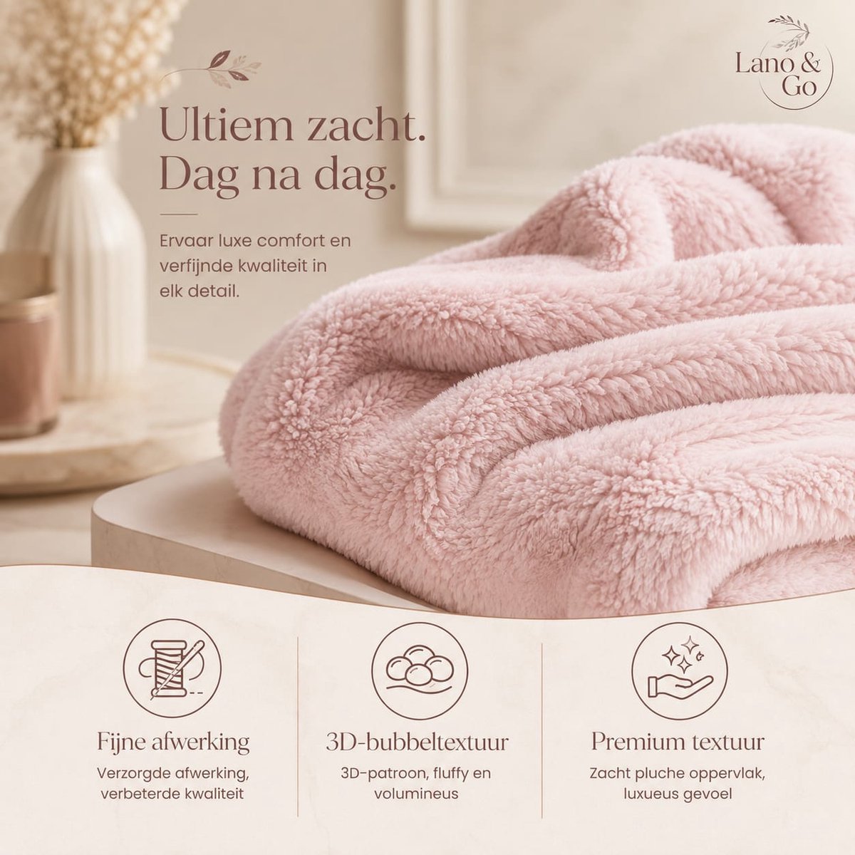 Lano&Go Bubble Deken - Knuffeldeken - Wollig - Kristalroze - 130 x 150 cm - Bankdeken - Imitatiewollen Deken - Warme Fleece voor Woonkamer - Decoratieve Zachte Woondeken