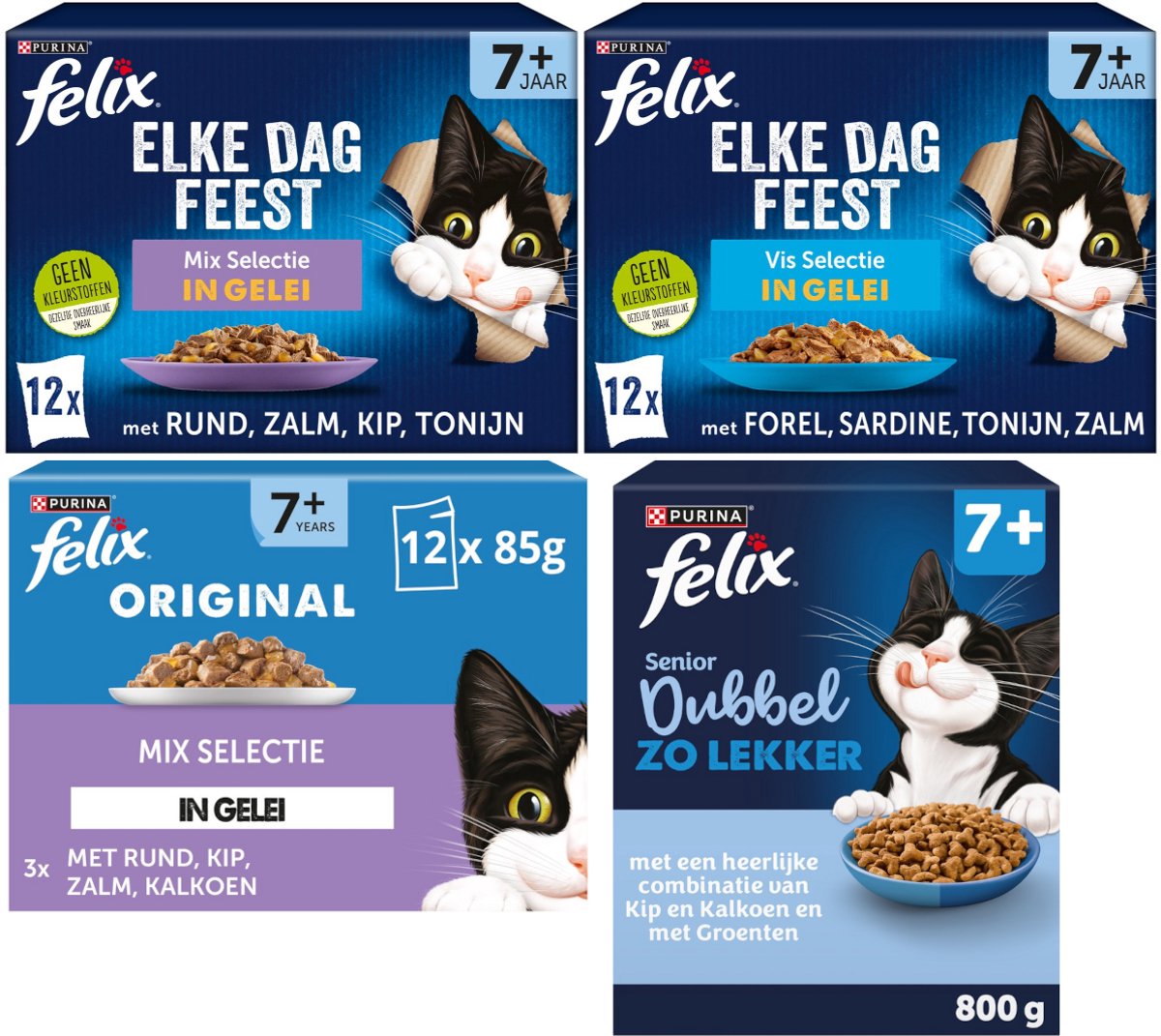 Felix Felix Original Elke Dag Feest Dubbel Zo Lekker Senior 7+ - Proefpakket - 3060g (3x12x85g) + 800g