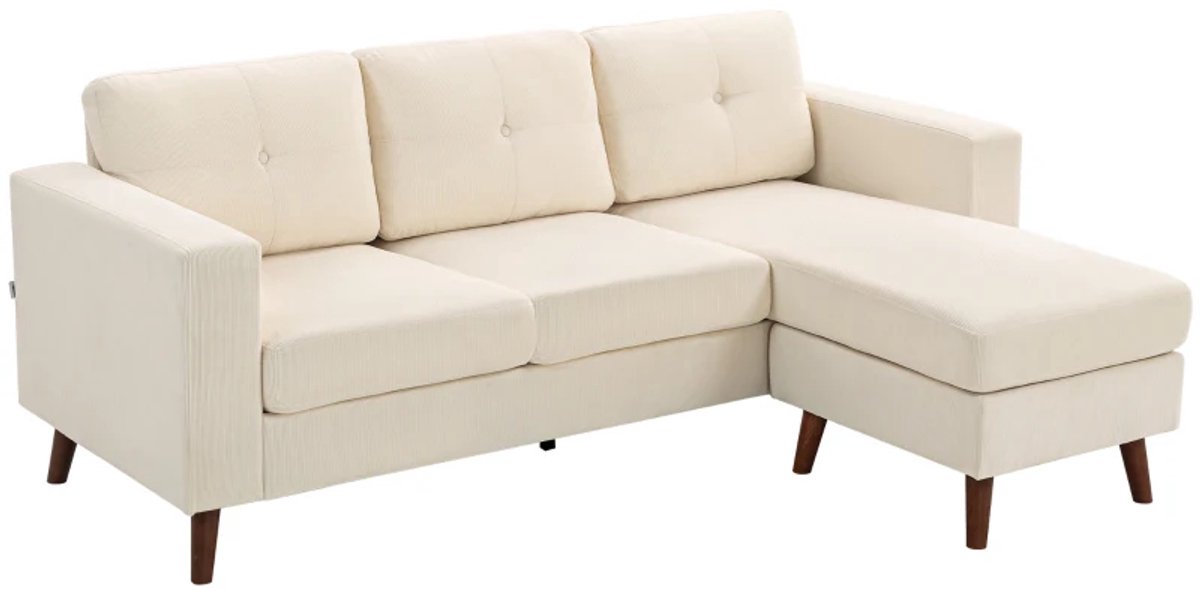 Hoekbank 192 cm - L-vorm - 3-zitsbank - Omkeerbare Chaise Longue - Koord Look - Voor Kleine Ruimte - Crèmewit