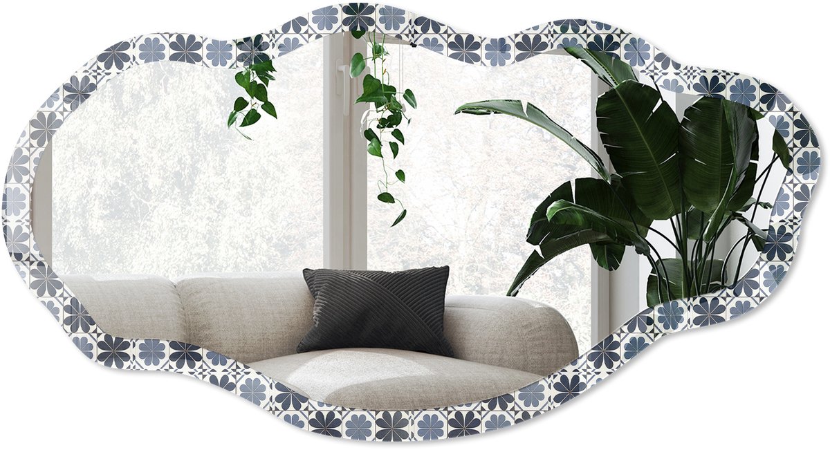 Wallfluent Geometrisch Ornament Spiegel - Blauw Strakke Rechthoekige Spiegel - Organische Spiegel - Badkamer, Hal, Keuken - Geometrisch - 45x90 cm - Totale afmeting 52x97 cm
