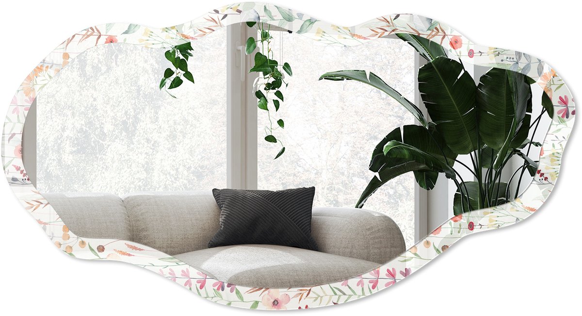 Wallfluent Aquarel Weide Spiegel - Wit Elegante Rechthoekige Wandspiegel - Organische Spiegel - Slaapkamer, Woonkamer, Hal - Aquarel - 45x90 cm - Totale afmeting 52x97 cm