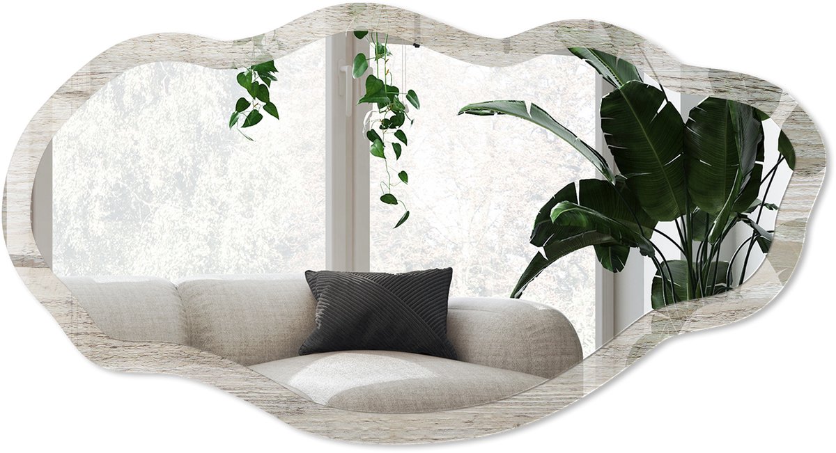 Wallfluent Licht Hout Spiegel - Beige Rechthoekige Spiegel Voor Interieur - Organische Spiegel - Woonkamer - Rustiek - 45x90 cm - Totale afmeting 52x97 cm