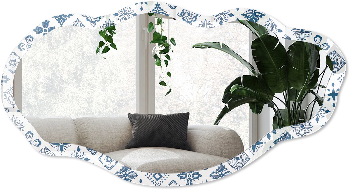 Wallfluent Volkspatroon Spiegel - Blauw Rechthoekige Spiegel Voor Interieur - Organische Spiegel - Badkamer, Keuken, Hal - Geometrisch - 45x90 cm - Totale afmeting 52x97 cm