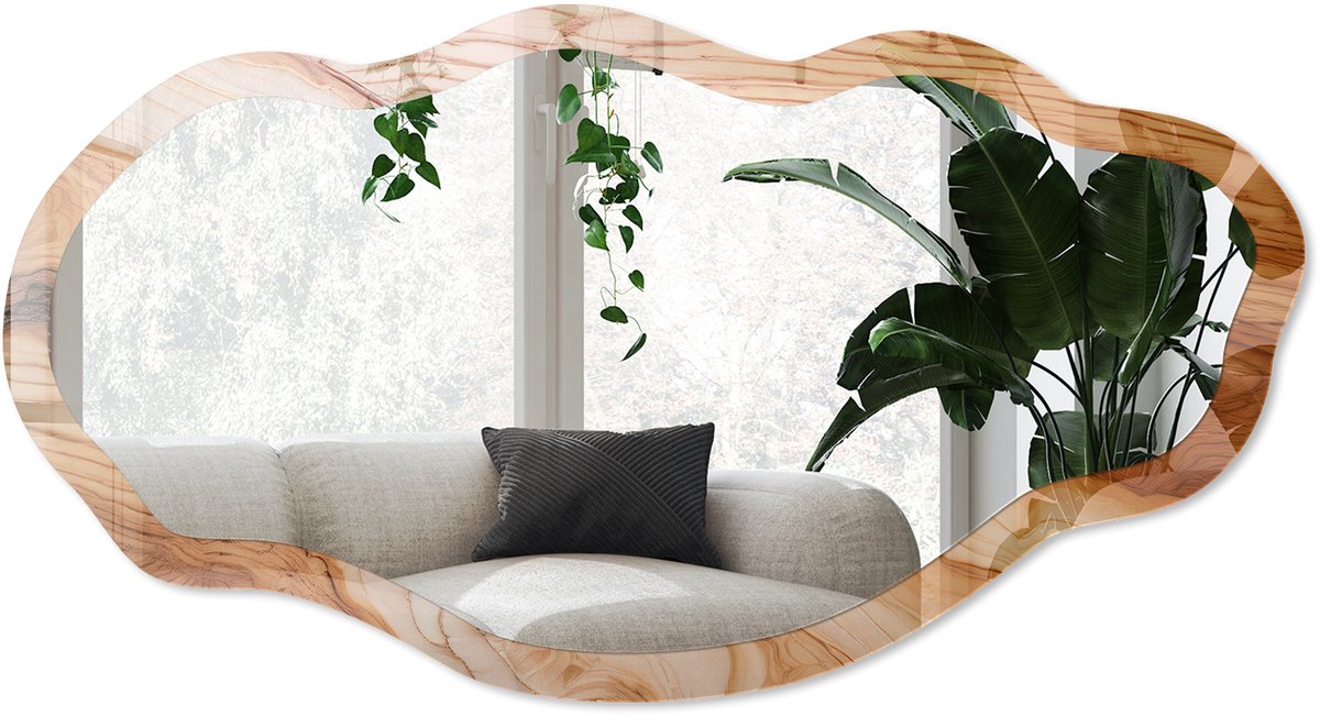 Wallfluent Houtstructuur Spiegel - Bruin Strakke Rechthoekige Spiegel - Organische Spiegel - Woonkamer - Rustiek - 45x90 cm - Totale afmeting 52x97 cm
