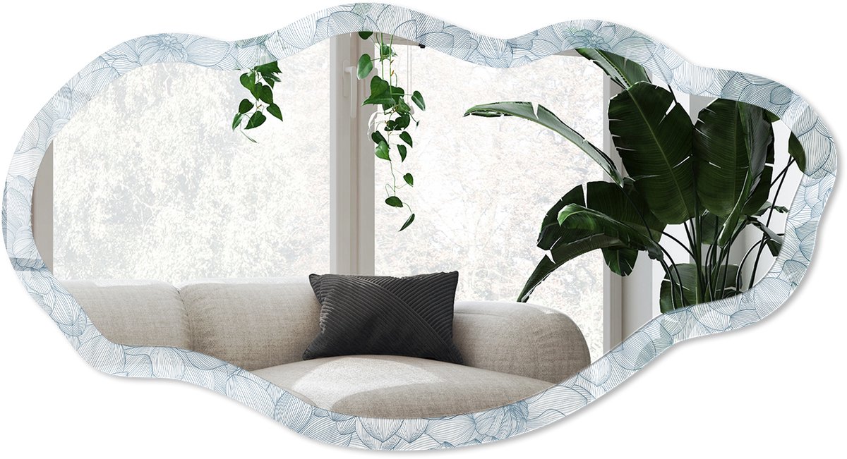 Wallfluent Bloemige Lichtheid Spiegel - Blauw Stijlvolle Wandspiegel - Organische Spiegel - Slaapkamer, Woonkamer, Hal - Minimalistisch - 45x90 cm - Totale afmeting 52x97 cm