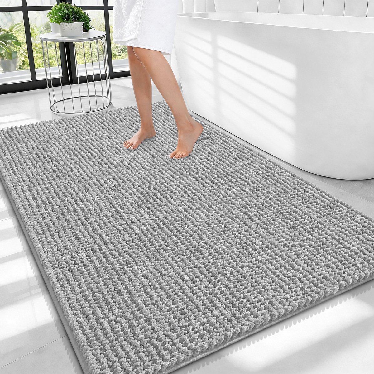 Olanly Badmat Antislip – Chenille Douchemat – Badmat Badkamer – Super Absorberend Deuropmat – Lichtgrijs – 82X102cm