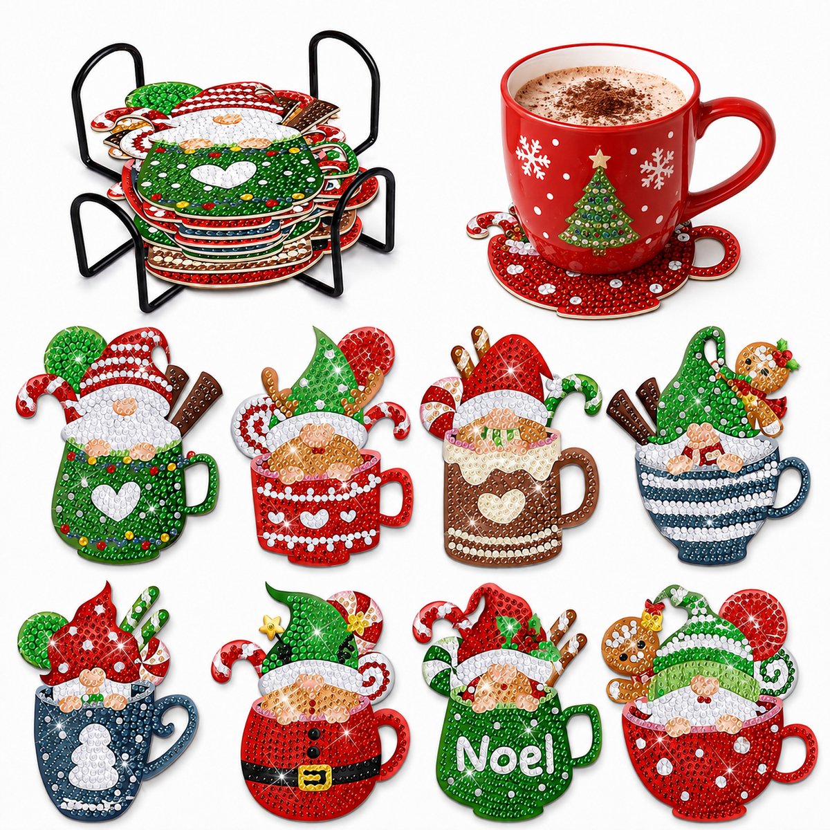 YYchan DIY Diamond Painting Onderzetters Set - 8 Stuks met Houder - Handgemaakt & Hittebestendig - Pakket Volwassenen en Kinderen - Kerstman Design