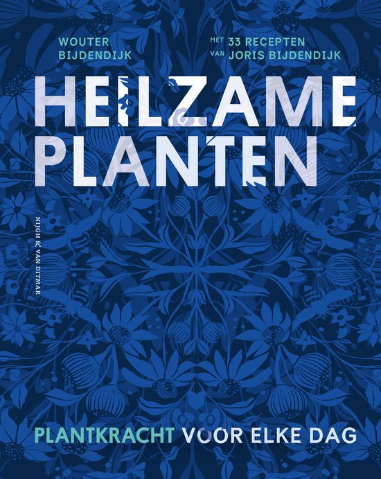 Boekomslag met de titel 'Heilzame planten' en 'Plantenkracht voor elke dag'. Blauwe achtergrond met bloemenpatroon.
