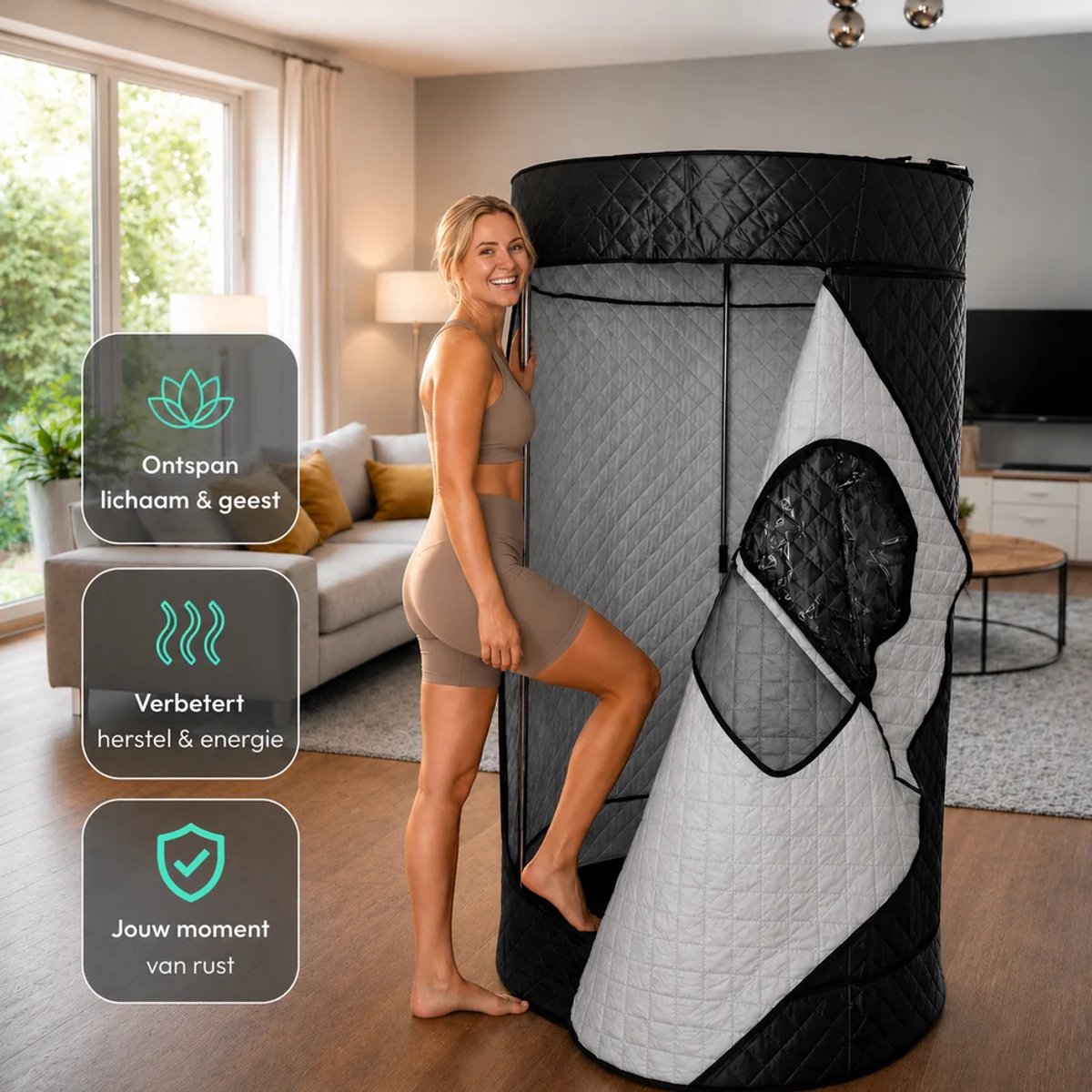Draagbare Sauna voor Thuis - Ronde Mobiele Sauna - RVS Skelet - Heater - 85 Graden - Compact - Detox & Ontspanning thumbnail 4
