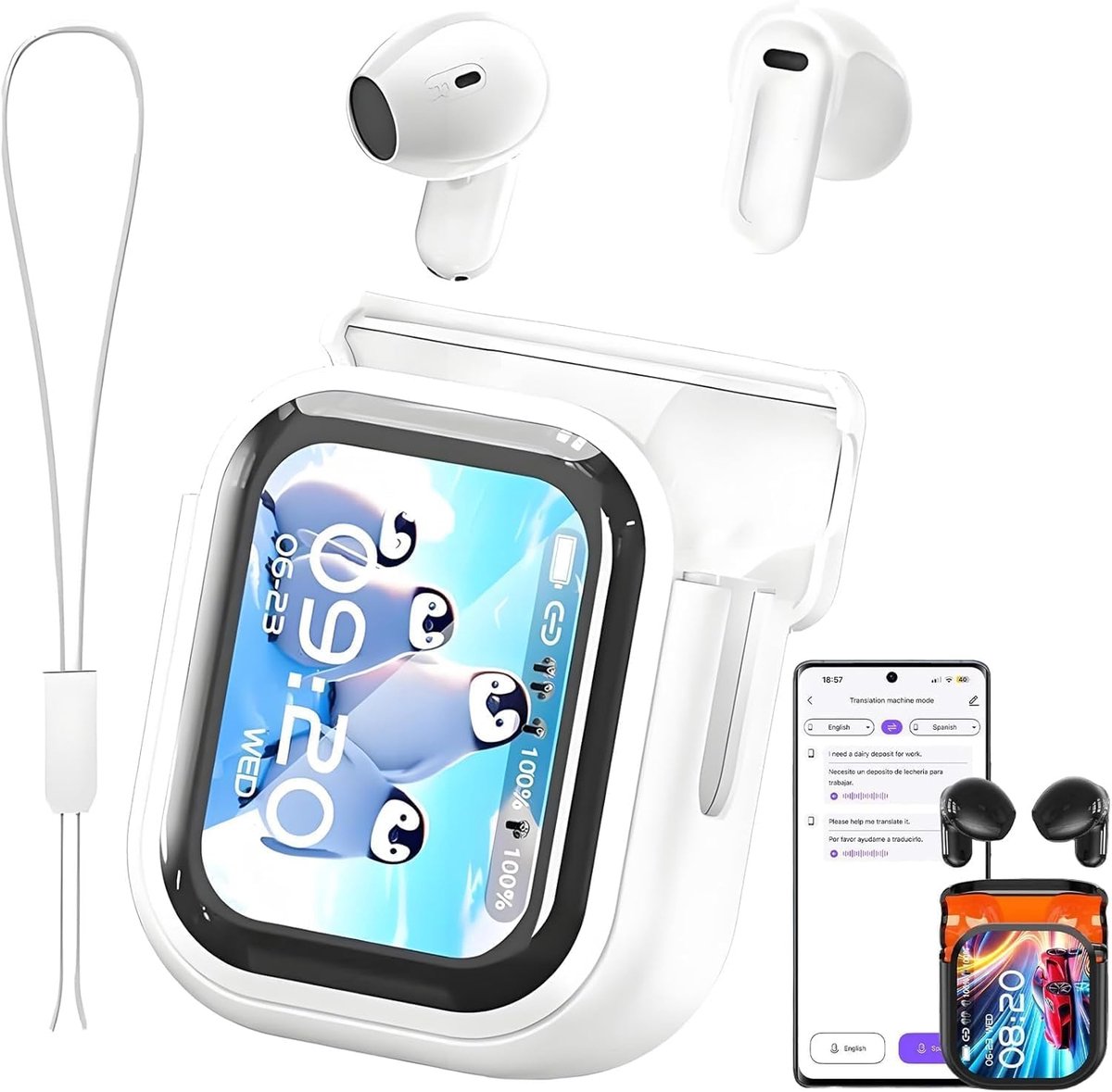 Namajunas - Draadloze Oordopjes - Bluetooth Oortjes Draadloos - AI Hoofdtelefoonvertaler - 3-in-1 vertaaltingshoofdtelefoon - 135 talen met app - Met LCD-touchscreen - Bluetooth 5.4 - In-ear hoofdtelefoon - Geschikt voor reisgebruik