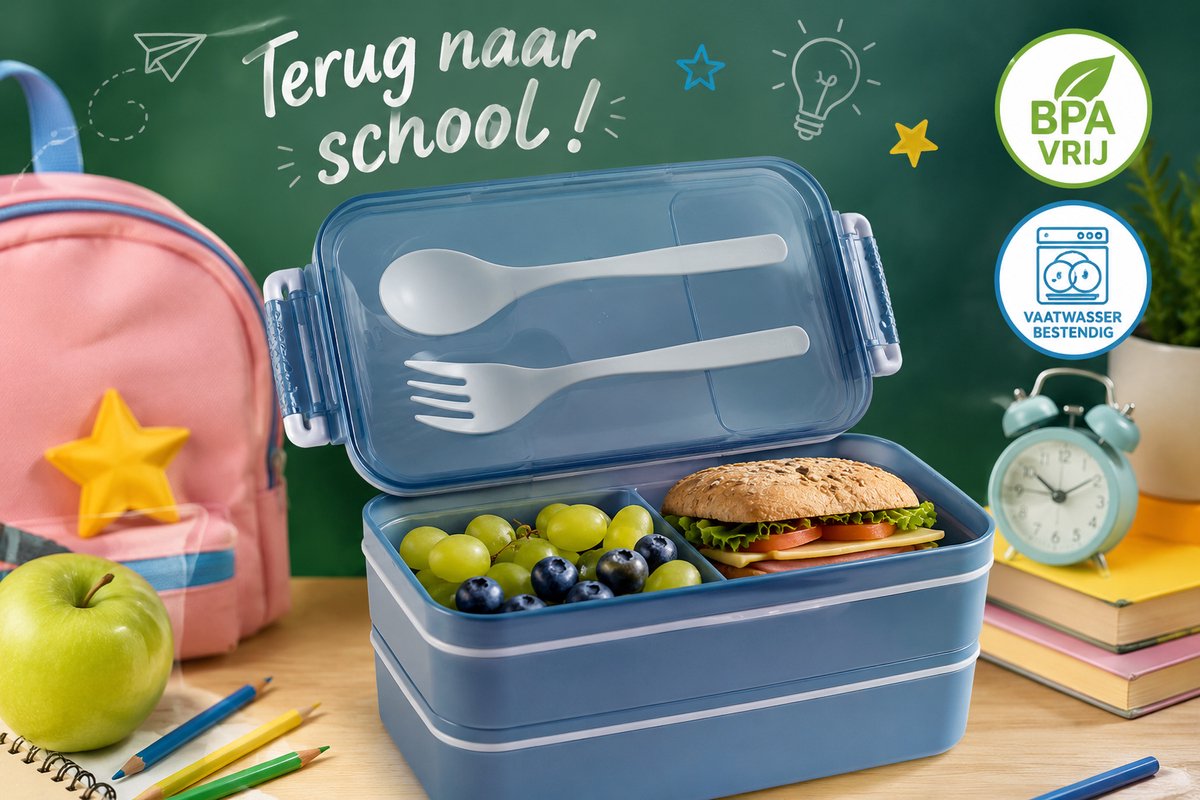 Lunchbox met Bestek – BPA-vrij – Vaatwasserbestendig – Brooddoos voor School & Onderweg – Met Lepel en Vork – Blauw