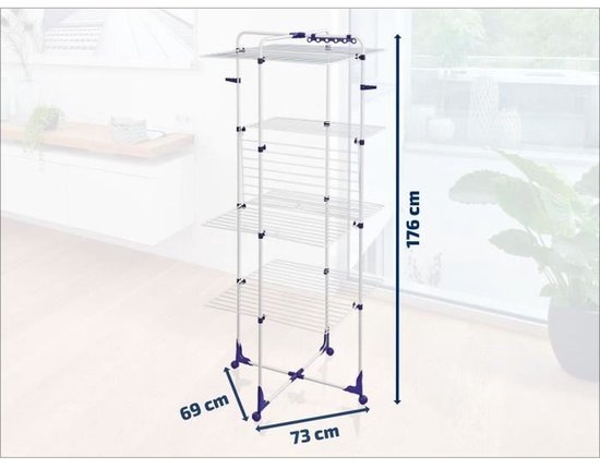 Witte Leifheit droogtoren van 176cm hoog, 69cm breed en 73cm diep, met 5 etages en blauwe wieltjes.