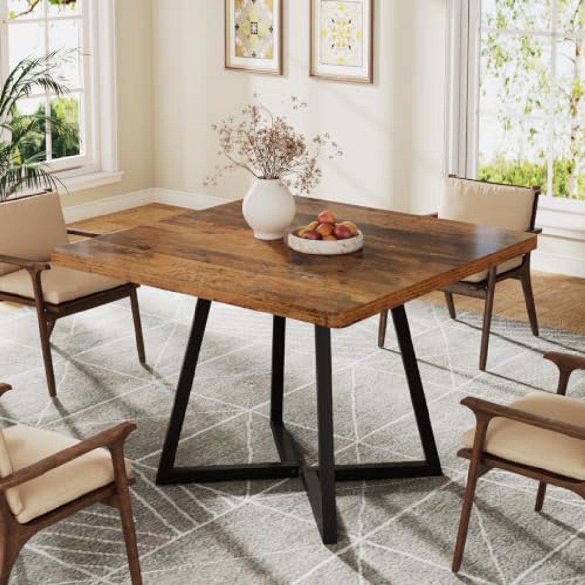 LITTLE TREE Eettafel voor 2 Personen - 80 x 80 x 75 cm - Vierkant‑industrieel‑metalen voet - Keukentafel voor eetkamer, appartement en kleine ruimtes - Bruin