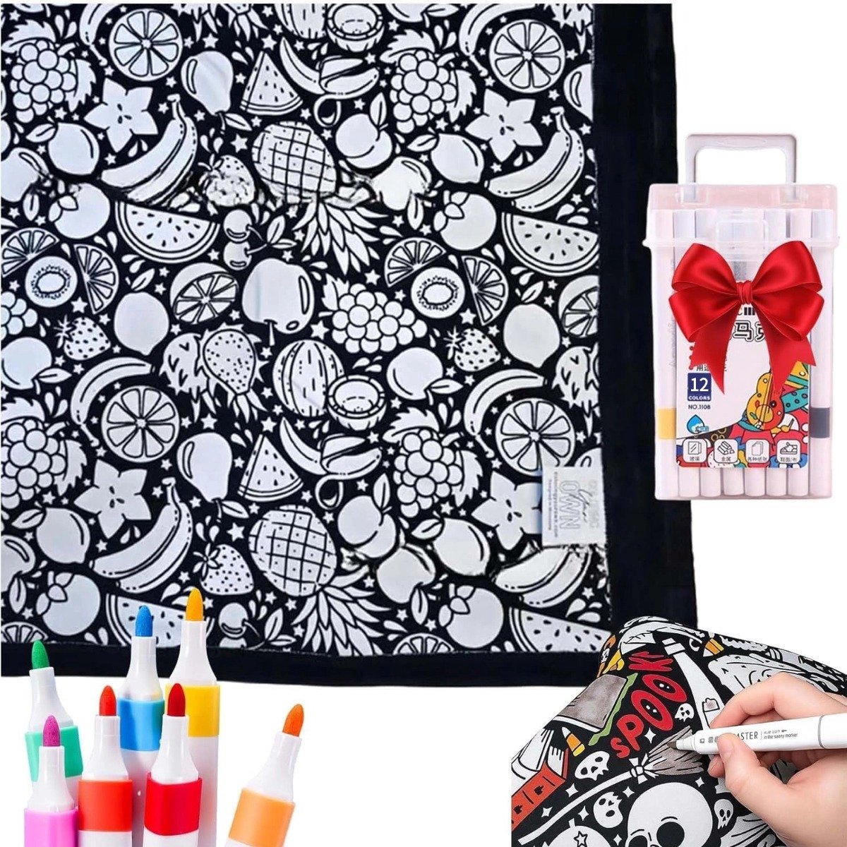 DIY Kleurdeken Met 12 Stiften - Wasbaar - DIY schilderdeken - Fruitthema - 150x125cm - Perfect cadeau - Bevordert ontspanning en mindfulness - Ontspannend en decoratief - voor volwassenen en kinderen，activiteiten met ouders en kinderen