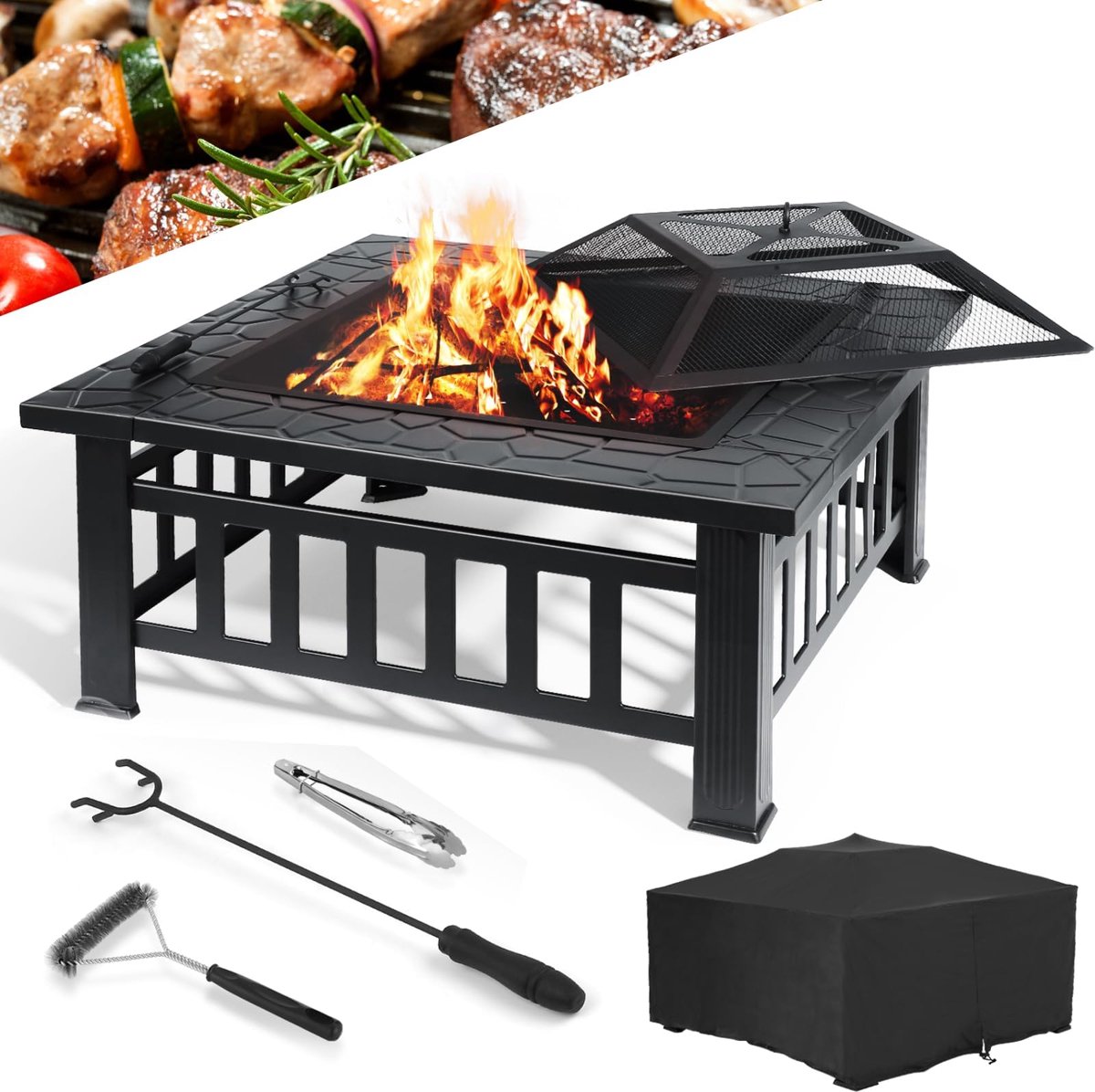 LIFERUN 81cm Vuurschaal met Vonkbescherming - BBQ Grill - Buitenhaard voor de Tuin