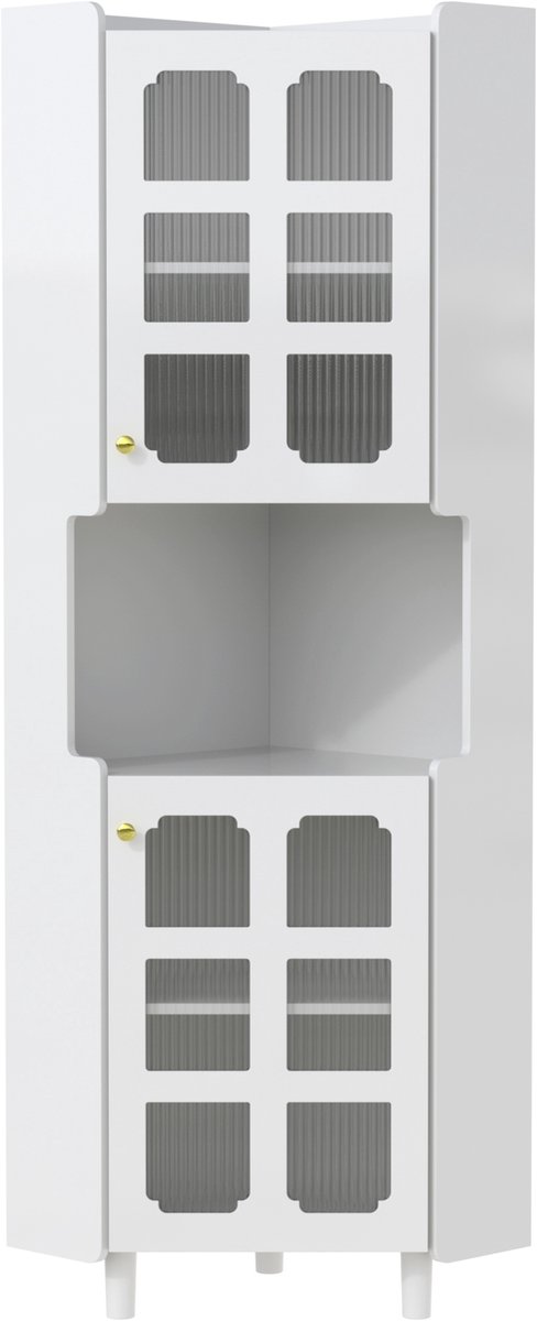 Witte Hoekkast-Opbergkast met Glazen Deuren-App-gestuurde LED Verlichting-3 Opbergzones-MDF –Woonkamer en Badkamer – 63,5x157,5cm-Wit