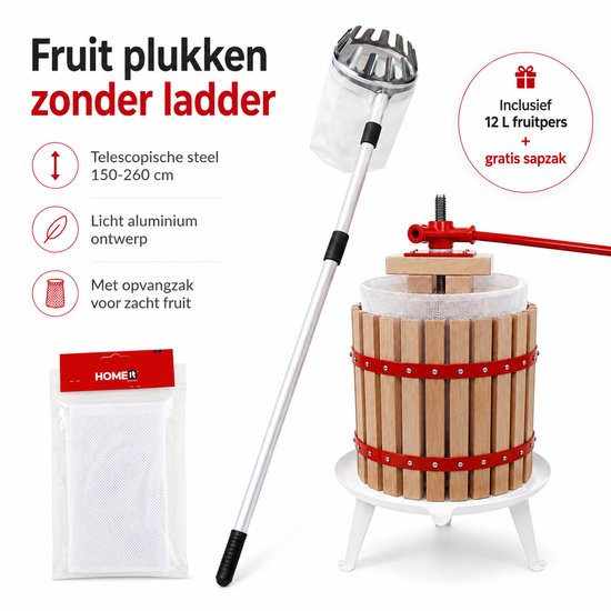 HOME It® Fruitpers Set 12L + Telescopische Fruitplukker 150-260 cm & Gratis Sapzak - Voor Sap & Cider van home-it — afbeelding 3